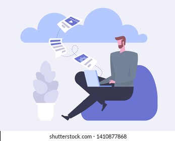 Cloud Backup. Man With Laptop. Network Cloud Service. Migration. Backup Concept. Copying File. Server. Data Center. Database Synchronize Technology. Flat Design Modern Vector Illustration Concept.