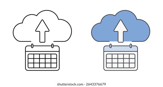 Symbol für den Cloud-Backup-Planer mit einem Cloud-, Kalender- und Upload-Pfeil in Gliederungs- und Farbstilen, ideal für die Darstellung automatisierter Cloud-Backups, geplanter Datenspeicherung und SaaS-Schutztools.