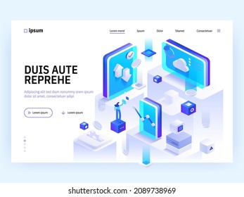 Cloud backup service Woman saving documents in digital storage Online computing technology 3d servers and data center connection network Cloud storage Design isometric vector landing page