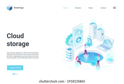 Cloud backup storage concept isometric vector illustration. Cartoon 3d tiny characters team working in cloud office workplace department, modern analysis data processing business service landing page