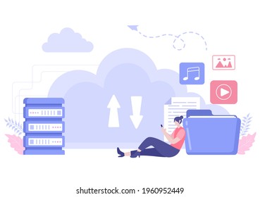 Cloud-Backup-Speichergrafik des Computersystems für die gemeinsame Nutzung, Hosting, Speichern, Kopieren von Dateien, Servern und Rechenzentren