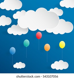 Cloud with balloon paper on blue background and blank space for text 