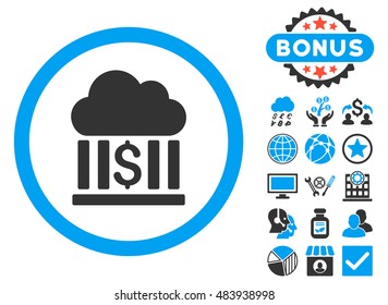 Cloud Bank icon with bonus pictures. Vector illustration style is flat iconic bicolor symbols, blue and gray colors, white background.