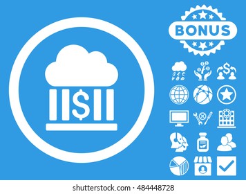 Cloud Bank icon with bonus pictures. Vector illustration style is flat iconic symbols, white color, blue background.