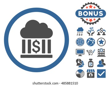 Cloud Bank icon with bonus pictures. Vector illustration style is flat iconic bicolor symbols, cobalt and gray colors, white background.