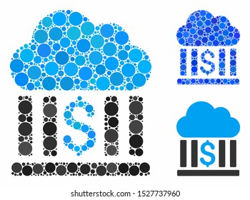 Cloud bank mosaic of spheric dots in different sizes and color tones, based on cloud bank icon. Vector dots are combined into blue mosaic. Dotted cloud bank icon in usual and blue versions.