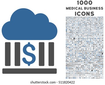 Cloud Bank vector bicolor icon with 1000 medical business icons. Set style is flat pictograms, cobalt and gray colors, white background.