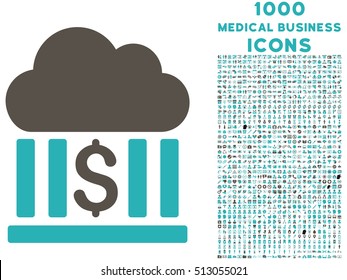 Cloud Bank vector bicolor icon with 1000 medical business icons. Set style is flat pictograms, grey and cyan colors, white background.