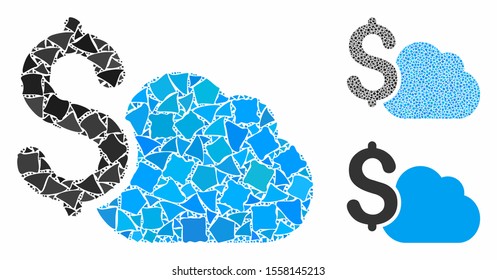 Cloud banking composition of bumpy pieces in various sizes and color tinges, based on cloud banking icon. Vector humpy elements are grouped into composition.