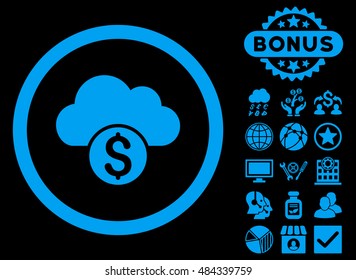 Cloud Banking icon with bonus pictures. Vector illustration style is flat iconic symbols, blue color, black background.