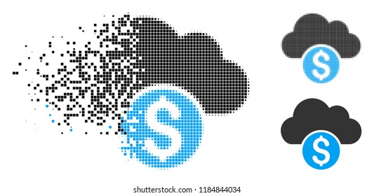 Cloud banking icon in fragmented, dotted halftone and solid variants. Fragments are combined into vector disappearing cloud banking icon. Disappearing effect uses square particles.