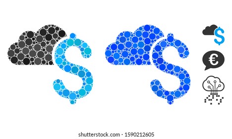 Cloud banking mosaic of circle elements in variable sizes and color tinges, based on cloud banking icon. Vector circle elements are organized into blue mosaic.