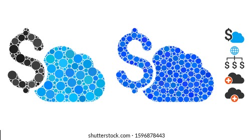 Cloud banking mosaic of small circles in various sizes and color tones, based on cloud banking icon. Vector random circles are organized into blue mosaic.