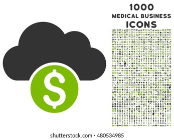 Cloud Banking vector bicolor icon with 1000 medical business icons. Set style is flat pictograms, eco green and gray colors, white background.