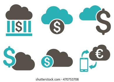 Cloud Banking vector icons. Pictogram style is bicolor grey and cyan flat icons with rounded angles on a white background.