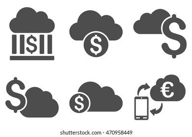 Cloud Banking vector icons. Pictogram style is gray flat icons with rounded angles on a white background.