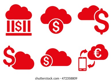 Cloud Banking vector icons. Pictogram style is red flat icons with rounded angles on a white background.
