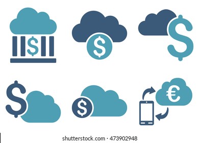 Cloud Banking vector icons. Pictogram style is bicolor cyan and blue flat icons with rounded angles on a white background.