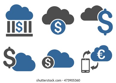 Cloud Banking vector icons. Pictogram style is bicolor cobalt and gray flat icons with rounded angles on a white background.