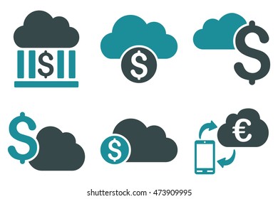 Cloud Banking vector icons. Pictogram style is bicolor soft blue flat icons with rounded angles on a white background.