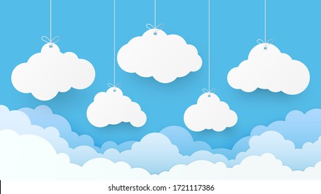 Banner en nube para publicidad en cielo azul. Copiar espacio. Burbuja del habla, colgado blanco. Ilustración del vector