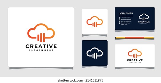 Cloud and Barbell Gym Logo Template With Business Card Design Inspiration