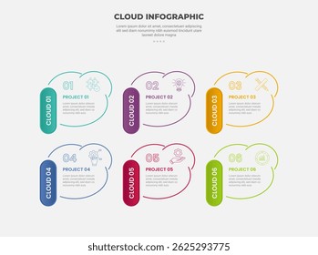 forma de base de nuvem estilo de contorno infográfico com modelo de 6 pontos com emblema retângulo vertical arredondado na lateral para vetor de apresentação de slide