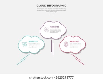 cloud base shape infographic outline style with 3 point template with clean shape with moving line symbol for slide presentation vector