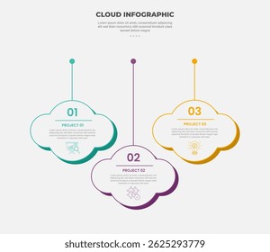 cloud base shape infographic outline style with 3 point template with big cloud up and down hanging on line for slide presentation vector