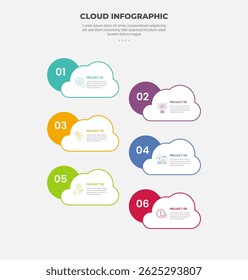 forma de base de nuvem infográfico estilo de contorno com modelo de 6 pontos com nuvem empilhada vertical com emblema de círculo para vetor de apresentação de slide