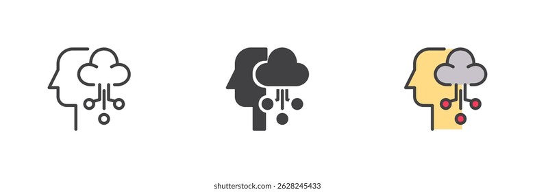 Cloud based artificial intelligence different style icon set. Line, glyph and filled outline colorful version, outline and filled vector sign. Cognitive cloud service symbol, logo illustration