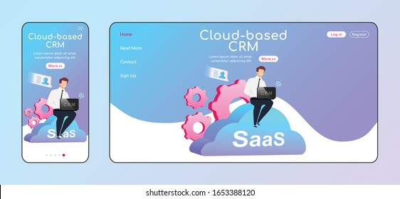 Cloud based CRM adaptive landing page flat color vector template. Businessman in shirt and necktie mobile and PC homepage layout. SaaS one page website UI. Modern tech webpage cross platform design