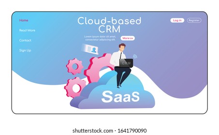 Cloud based CRM landing page flat color vector template. Man sitting on cumulus homepage layout. SaaS one page website interface with cartoon character. Computer software web banner, webpage