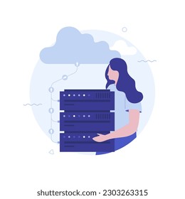 Cloud based data center circle flat concept vector illustration. Scene with network engineer with server cartoon character for web design. Creative idea for website, mobile, presentation