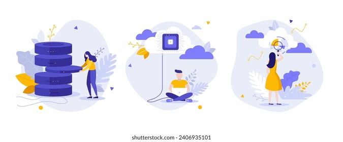 Cloud based data server flat concept vector illustrations set. Virtual storage for digital files cartoon composition. Cyber dataset service for users creative idea for website, presentation