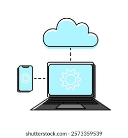 Cloud based development platform concept. Cloud icon connected to laptop and smartphone. Both devices display gear icon. Representing cloud computing and device synchronization for development.