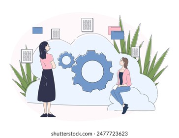 Cloud based engine concept. Programmers and IT specialists develop program and application. Electronic archive or data storage at server. Linear vector illustration isolated on white background