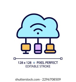 Cloud based IoT pixel perfect RGB color icon. Internet of things features. Massive network with devices and apps. Isolated vector illustration. Simple filled line drawing. Editable stroke