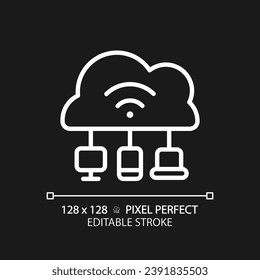 Cloud based IoT pixel perfect white linear icon for dark theme. Internet of things features. Network with devices and apps. Thin line illustration. Isolated symbol for night mode. Editable stroke