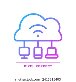Cloud based IoT pixel perfect gradient linear vector icon. Internet of things features. Network with devices and apps. Thin line color symbol. Modern style pictogram. Vector isolated outline drawing