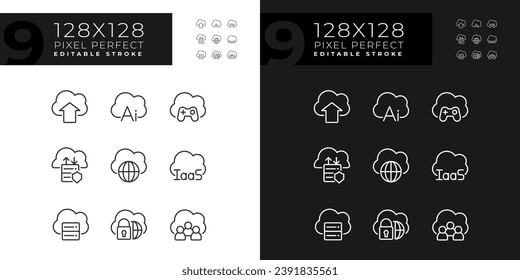 Cloud based service for data processing pixel perfect linear icons set for dark, light mode. Information on internet. Thin line symbols for night, day theme. Isolated illustrations. Editable stroke