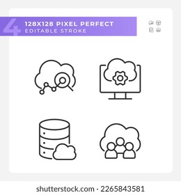 Cloud based service pixel perfect linear icons set. Users access to data on internet. Virtual storage settings. Customizable thin line symbols. Isolated vector outline illustrations. Editable stroke