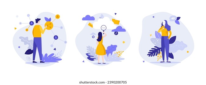 Cloud based service users flat concept vector illustrations set. Actual seek and share information on virtual servers cartoon composition. Incognito creative idea for website, presentation