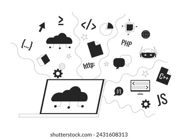 Cloud based software development black and white 2D line cartoon object. Saas technology in programming isolated vector outline item. Web design online tools monochromatic flat spot illustration