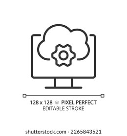 Cloud based software pixel perfect linear icon. Application online support. Computing technology in programming. Thin line illustration. Contour symbol. Vector outline drawing. Editable stroke