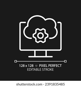 Cloud based software pixel perfect white linear icon for dark theme. Application online support. Computing technology. Thin line illustration. Isolated symbol for night mode. Editable stroke