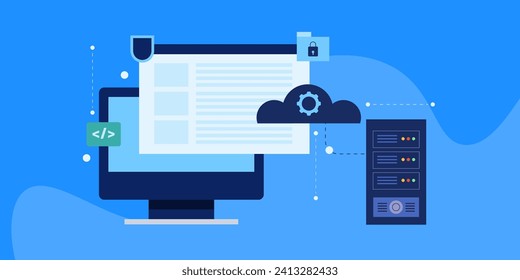 Cloud-basierte Software. Software als Dienstleistung, Cloud-Computing, Cloud-Anwendung, Sicherheit und Datenschutz - Vektorgrafik-Hintergrund mit Symbolen