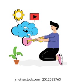 Cloud based system protection, cloud security flat illustration