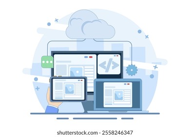 Cloud based web hosting concept, Website hosted on cloud server, Backup file upload technology on cloud server storage. Cloud hosting for websites and applications, Flat vector illustration.