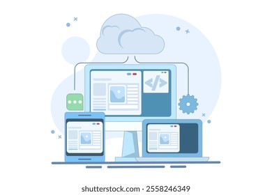 Cloud based web hosting concept, Website hosted on cloud server, Backup file upload technology on cloud server storage. Cloud hosting for websites and applications, Flat vector illustration.